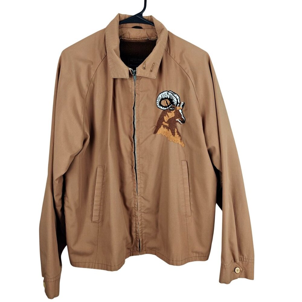 Vintage JCPenney Towncraft Harrington Ram Embroidered Tan Bomber Jacket W Liner